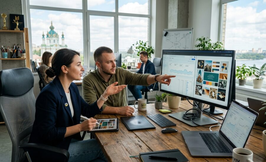 Команда професіоналів обговорює стратегію просування та SEO оптимізації в сучасному офісі