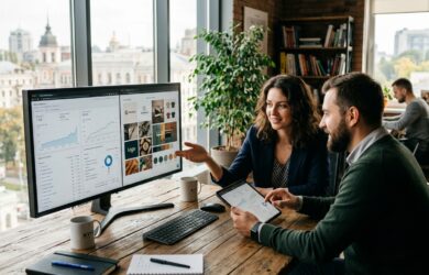 Команда професіоналів працює над створенням контент-стратегії та SEO-просуванням у сучасному офісі