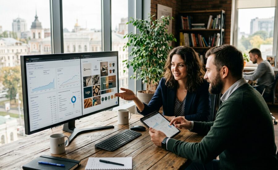 Команда професіоналів працює над створенням контент-стратегії та SEO-просуванням у сучасному офісі