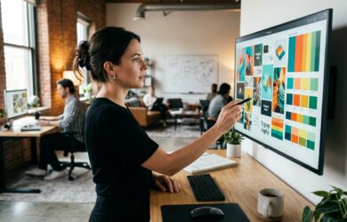 Професійний артдиректор за роботою у креативній студії біля монітора з палітрами кольорів
